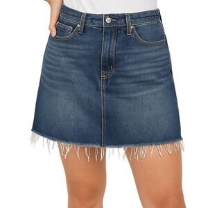 J Crew Jean Skirt Blue Denim Distressed Raw Fringe Size 29 Stretch Fringe Modern